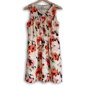 MADEWELL Tea Rose Silk Pleated Sleeveless Floral Dress Pink & Red Flowers Sz 0